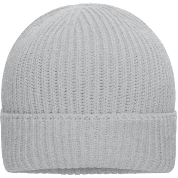 A grey knitted beanie featuring a ribbed texture and a fold-up cuff, with a branding logo.