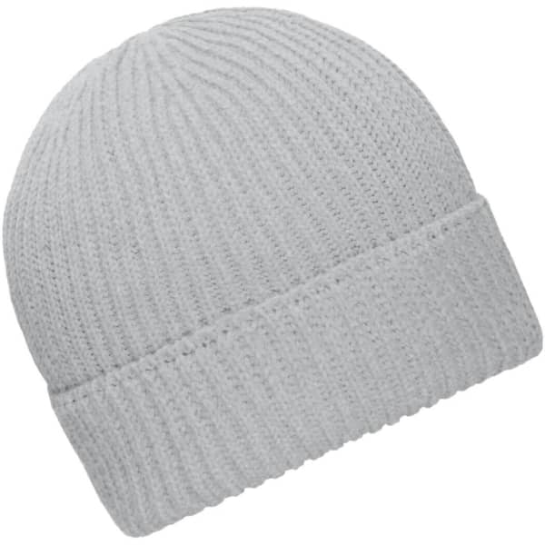 A light grey knitted winter beanie with a folded cuff and a subtle texture, featuring a logo.