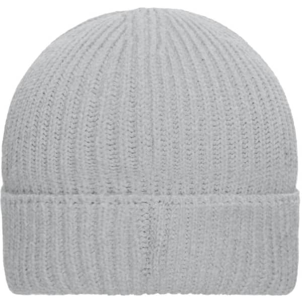 A light grey ribbed beanie with a folded cuff, featuring a logo on the side.