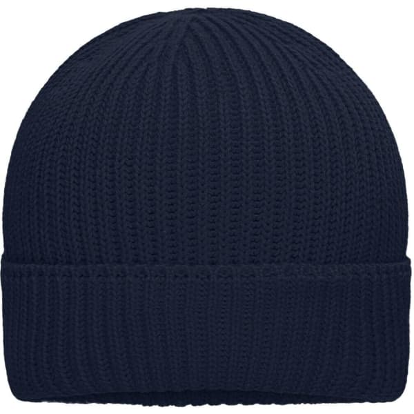 A navy blue knitted winter beanie with a ribbed texture and a folded hem, featuring a logo.
