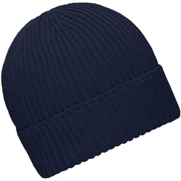 A navy blue ribbed knit beanie featuring a logo on the band.