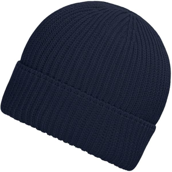 A navy blue winter beanie with a ribbed texture and a folded cuff. It features a logo.