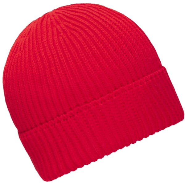 A red winter beanie made from bio cotton, featuring a ribbed texture and a fold-over cuff. It has a logo.