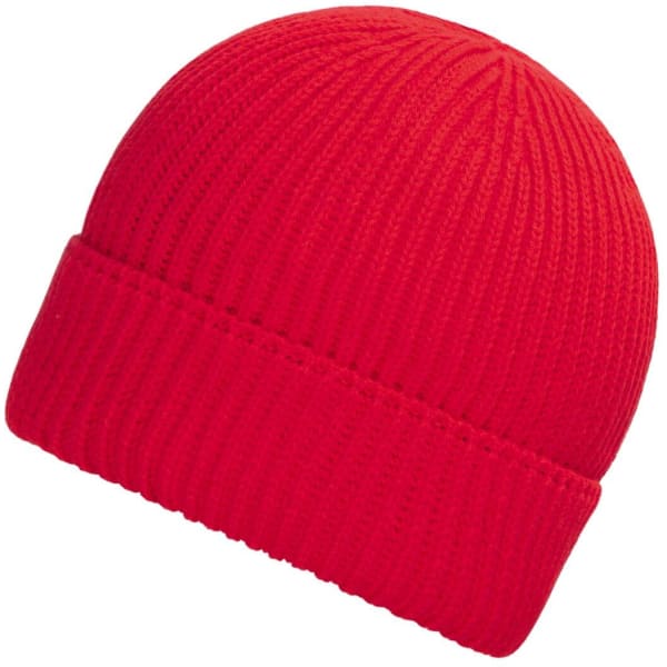A red knitted winter beanie with a ribbed texture and a folded cuff, featuring a logo.