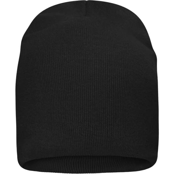 A black beanie made from bio cotton, featuring a close-fitting design with a ribbed texture and no visible logos.
