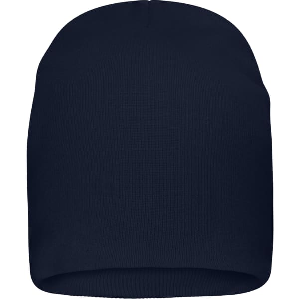 A navy blue casual beanie made of bio cotton, featuring a textured knit design and a logo.