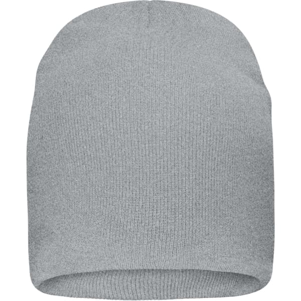 A grey beanie crafted from bio cotton, featuring a snug, casual fit and a simple design.