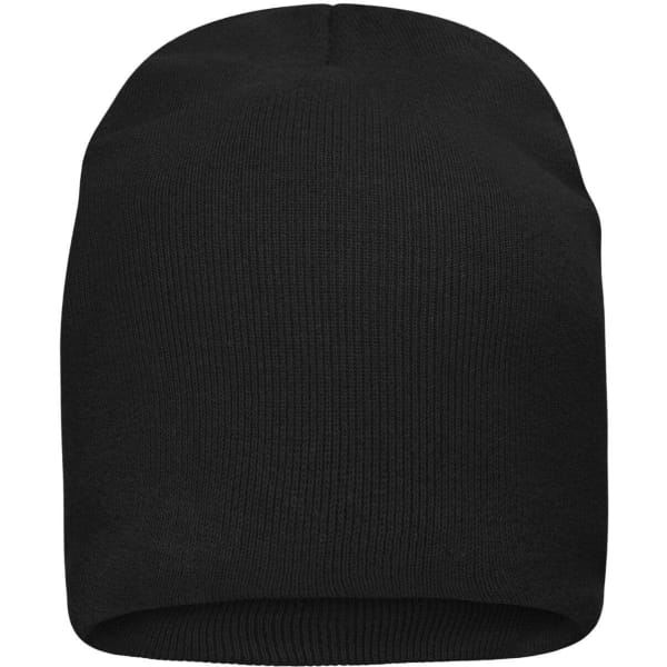 A black casual beanie made from bio cotton, featuring a seamless design and a simple logo.