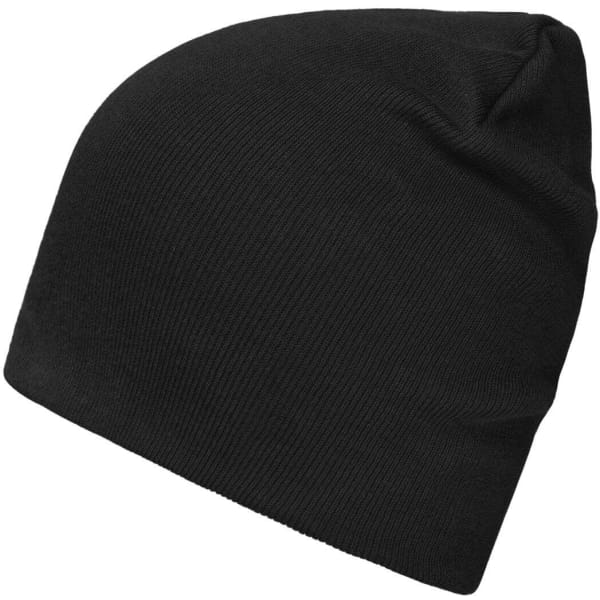A black beanie made from bio cotton, featuring a simple, ribbed design and a logo.