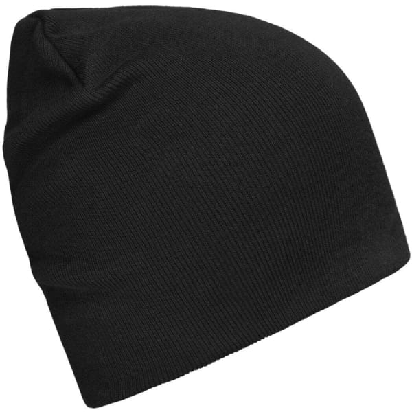 A black beanie made from bio cotton, featuring a snug, casual fit and a simple design.