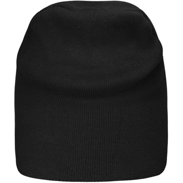 A black beanie made of bio cotton with a ribbed texture and a branding logo.