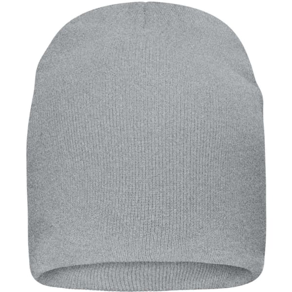 A casual beanie in grey, made from bio cotton. It features a ribbed texture and has a logo.