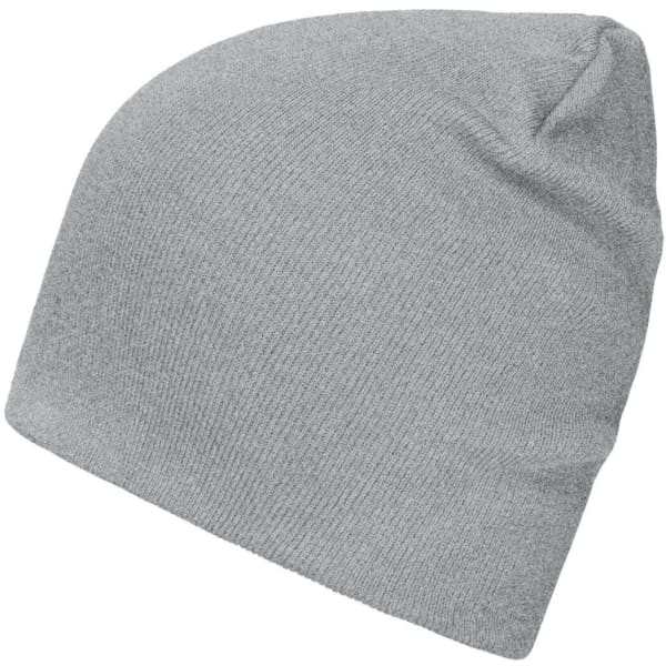 A grey beanie made from bio cotton, featuring a snug fit with a simple design and a logo.