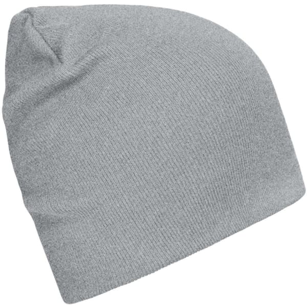 A grey beanie made from bio cotton, featuring a snug fit and simple design.