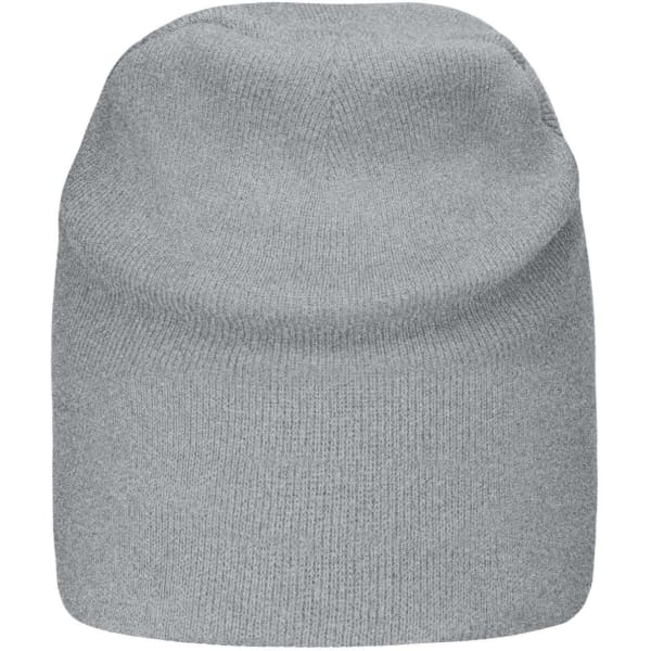 A grey cotton beanie with a soft, knitted texture. It features a logo on the side.