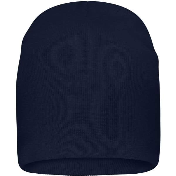 A navy beanie made of bio cotton with a fitted design and no visible logos.