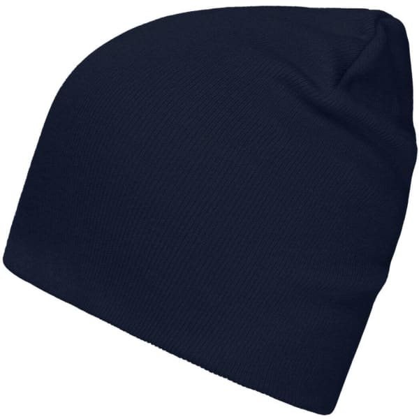 A navy blue casual beanie made from bio cotton, featuring a simple design and a logo.