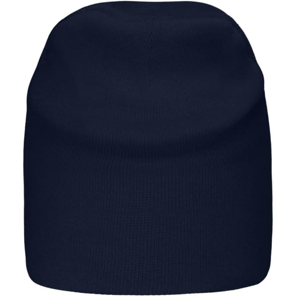 A navy blue casual beanie, featuring a soft, knitted texture and a simple design. It has a logo on the side.