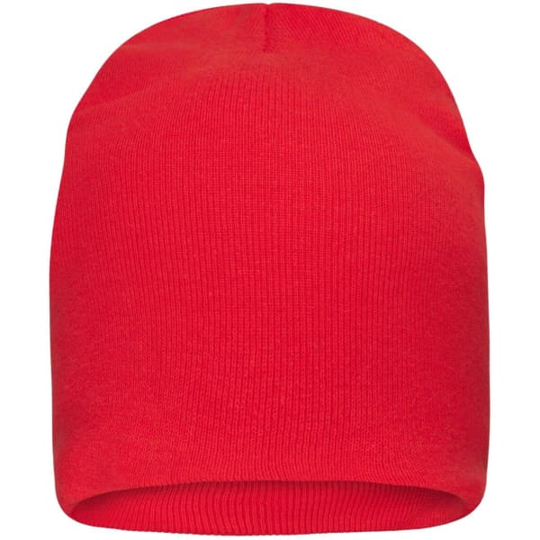 A red casual beanie made from bio cotton, featuring a simple design and a logo.