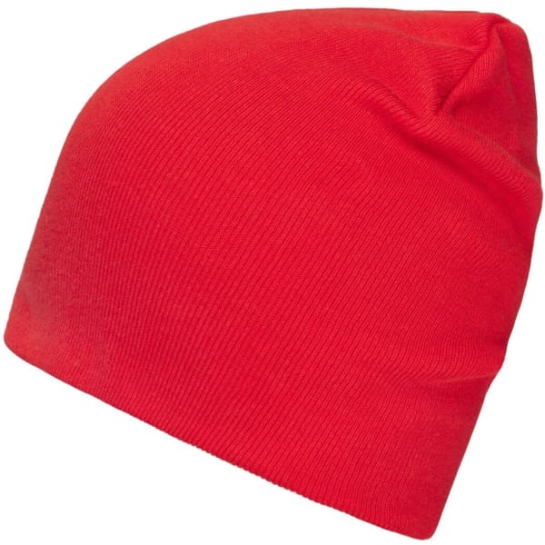 A red beanie made from bio cotton, featuring a snug fit and a simple design. It has a logo on the side.