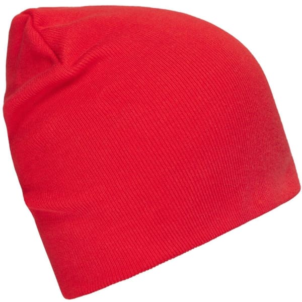 A red beanie made from bio cotton, featuring a fitted, casual design and a small logo.