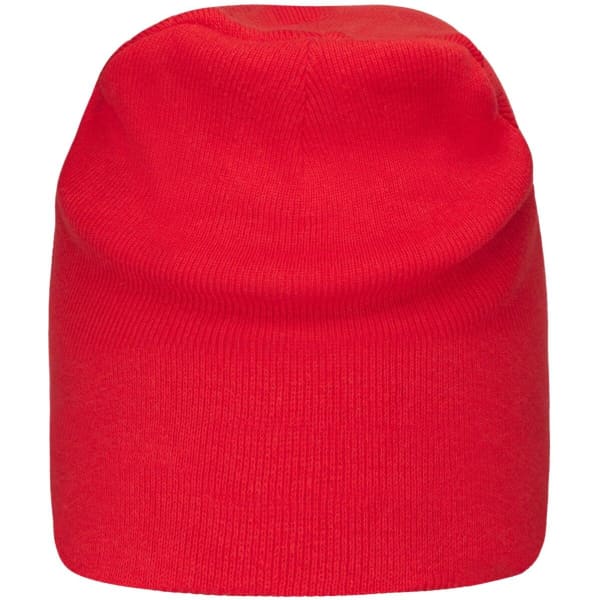 A red casual beanie made from bio cotton, featuring a simple design and a logo.
