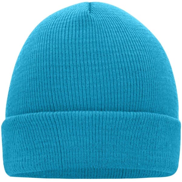 A knitted beanie in bright blue with a ribbed texture and a fold-up cuff. It features a logo on the side.