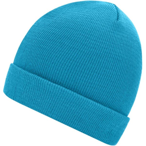 A turquoise knitted beanie with a cuffed design, showcasing a simple and classic style.