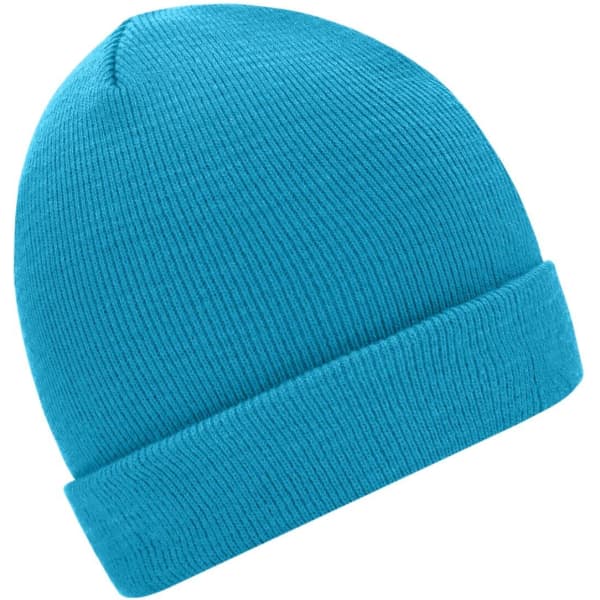 A knitted beanie in bright blue with a ribbed texture and a folded cuff. It features a logo.
