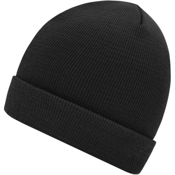 A black knitted beanie with a folded cuff, featuring a simple design and a logo.