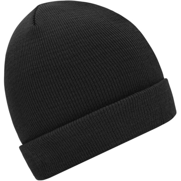 A black knitted beanie with a ribbed texture and a folded cuff, featuring a logo on the side.