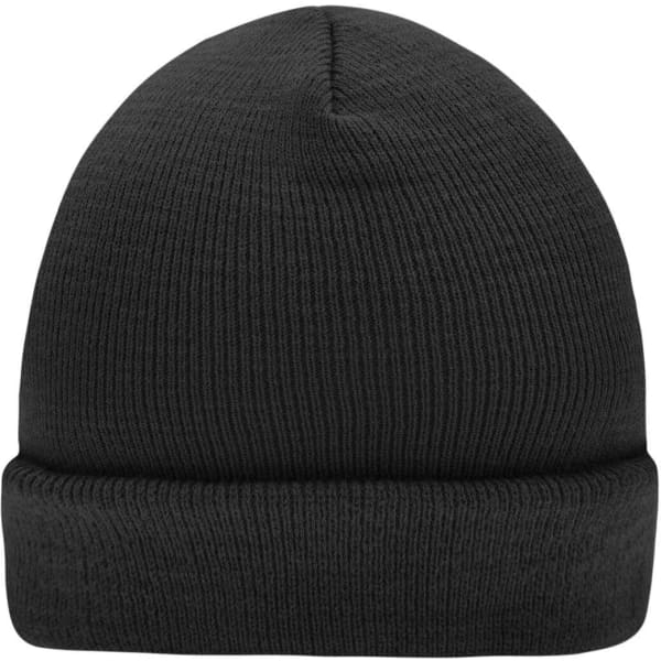 A black knitted beanie with a ribbed texture and a folded cuff, featuring a simple design.