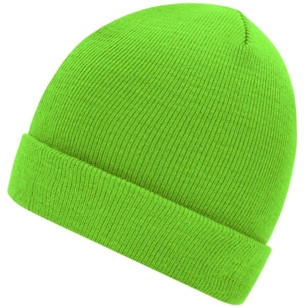 A bright green knitted beanie with a turned-up cuff, featuring a logo on the side.