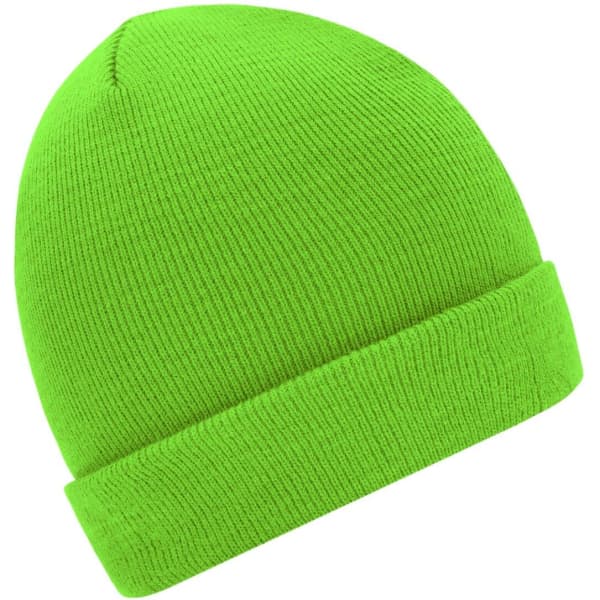 A knitted beanie in a bright green colour with a folded cuff. It has a logo on the side.