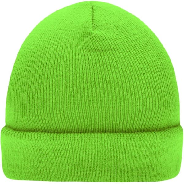 A bright green knitted beanie with a folded cuff and a textured finish, featuring a logo.