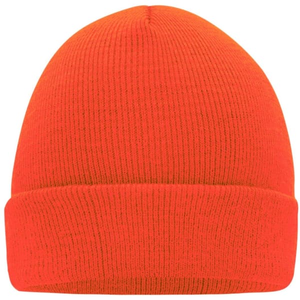 A knitted beanie in bright orange with a cuffed design and a logo.