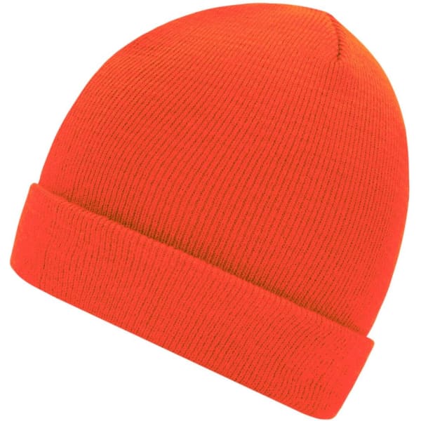 An orange knitted beanie featuring a folded cuff and a smooth texture, with a branding logo.