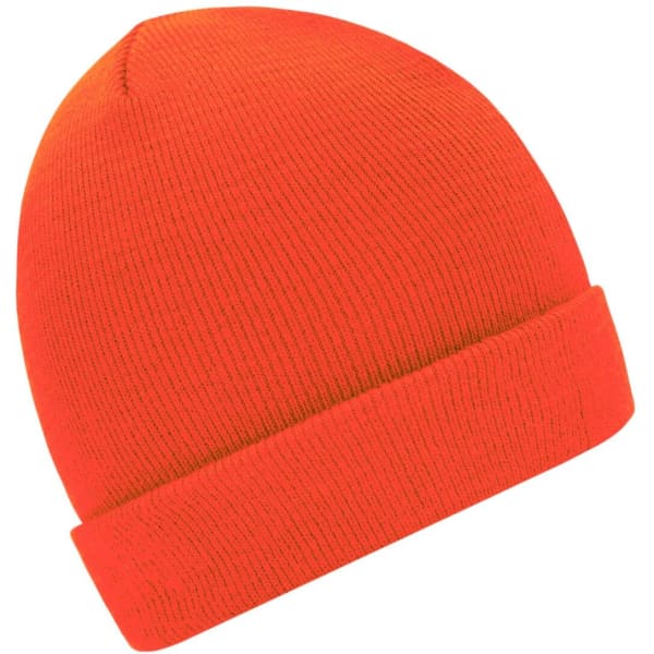 An orange knitted beanie with a folded cuff and a textured design, featuring a small logo.