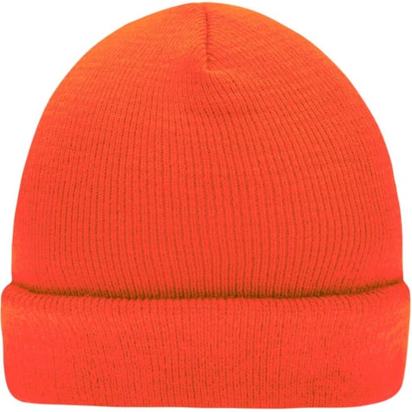 A knitted beanie in bright orange with a folded hem, featuring a logo on the side.