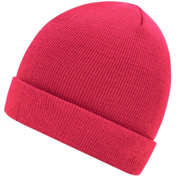 A pink knitted beanie with a folded brim and ribbed texture, featuring a logo on one side.