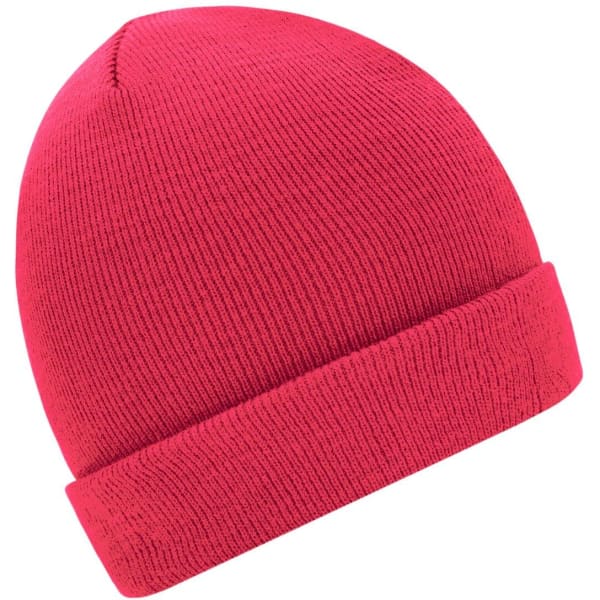 A red knitted beanie with a folded cuff and textured surface, featuring a logo on one side.