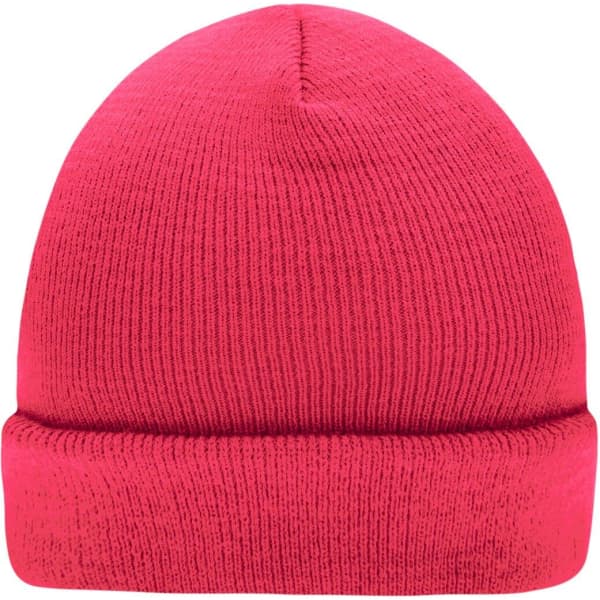A knitted beanie in bright pink with a turned-up cuff. It features a logo on the side.
