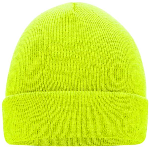 A knitted beanie in bright yellow with a folded cuff and a textured finish, featuring a logo.