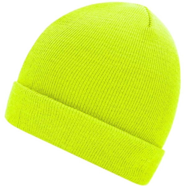 A knitted beanie in bright yellow with a rolled cuff. It features a logo on the side.