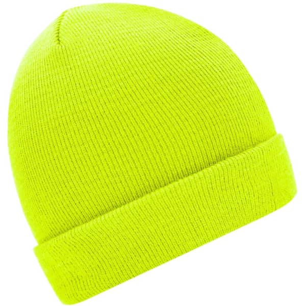 A knitted beanie in bright neon yellow, featuring a folded cuff and a simple design.