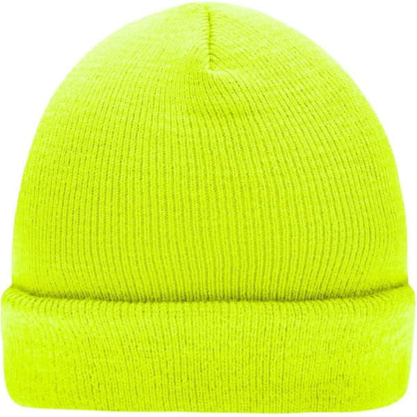 A bright yellow knitted beanie with a folded cuff and a textured pattern. It features a logo on the side.