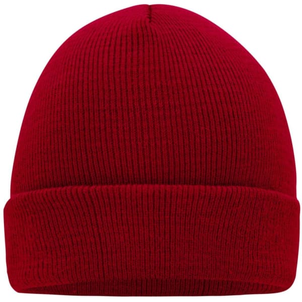 A red knitted beanie with a ribbed texture and a folded cuff at the bottom, featuring a logo on the side.
