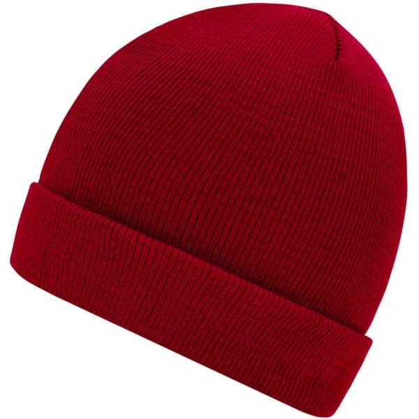 A red knitted beanie with a folded cuff and ribbed texture. It has a logo on the side.