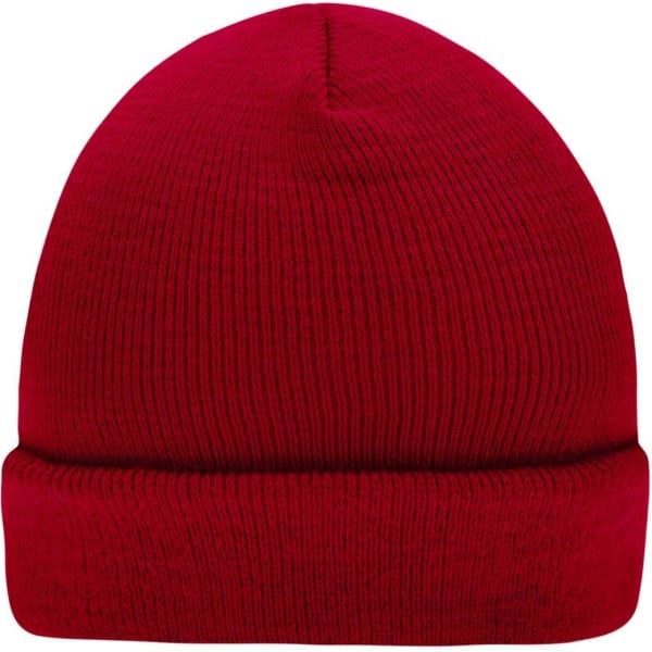 A red knitted beanie with a folded cuff and ribbed texture, featuring a logo on the side.