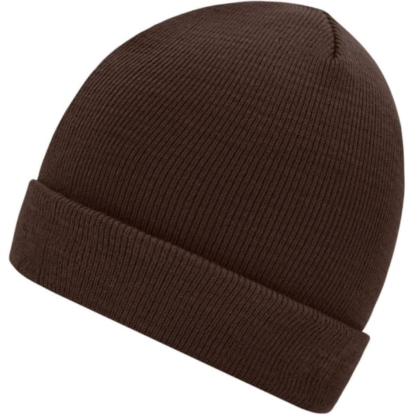A knitted beanie in a rich brown colour with a rolled cuff design and a textured finish.